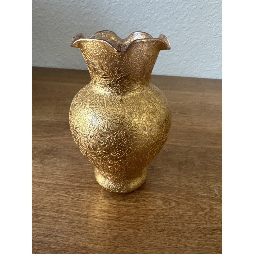 Vintage 22K gold encrusted glass vase Glastonbury Lotus Daisy Field Floral Patte